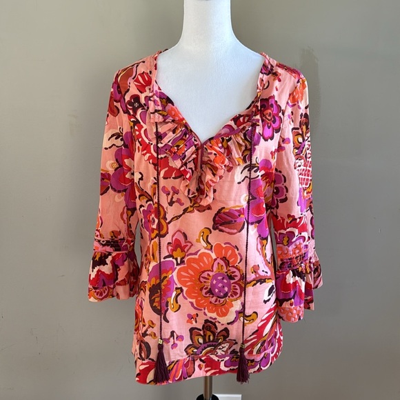 Tory Burch Gwenna Orange Pink 3/4 Sleeve Tassel Tie Floral Blouse Top Size 10 - Picture 2 of 11